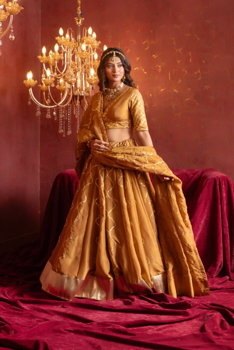 GULFIZAN SONA GHERA BROWN COSMO SILK GOTA PATTI LEHENGA SETS WITH COSMO SILK DUPATTA - Pomcha Jaipur