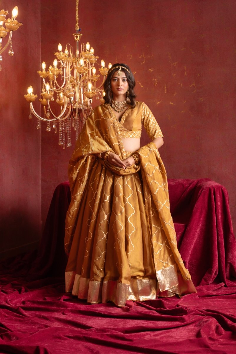 GULFIZAN SONA GHERA BROWN COSMO SILK GOTA PATTI LEHENGA SETS WITH COSMO SILK DUPATTA - Pomcha Jaipur