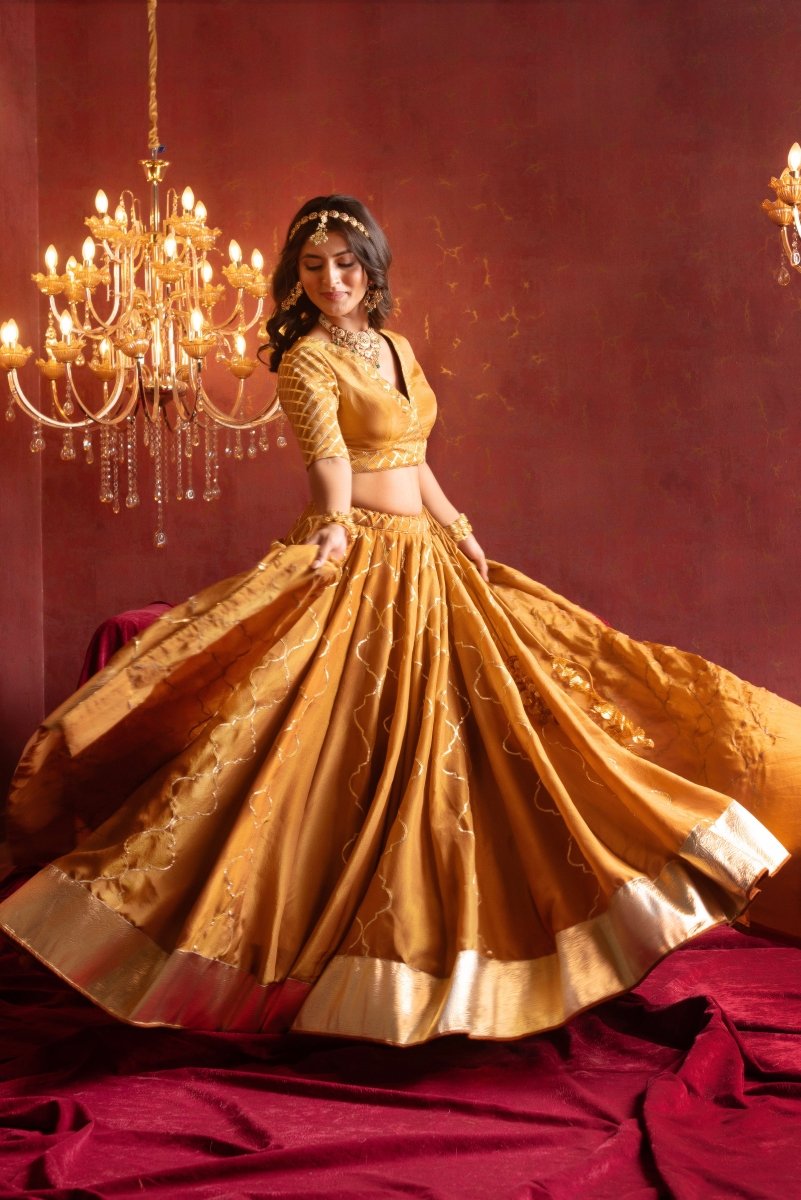 GULFIZAN SONA GHERA BROWN COSMO SILK GOTA PATTI LEHENGA SETS WITH COSMO SILK DUPATTA - Pomcha Jaipur