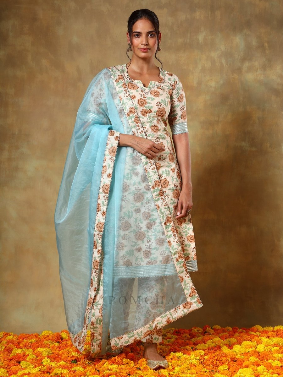 GUZARISH BEIGE COTTON STRAIGHT SUIT SET - Pomcha Jaipur