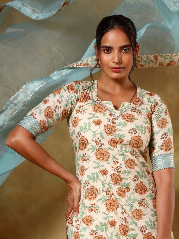 GUZARISH BEIGE COTTON STRAIGHT SUIT SET - Pomcha Jaipur