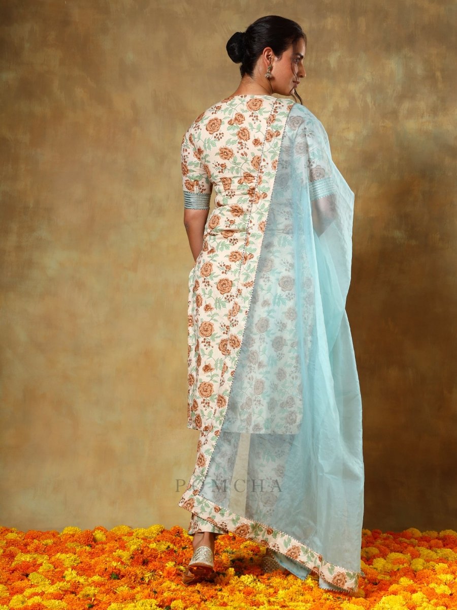 GUZARISH BEIGE COTTON STRAIGHT SUIT SET - Pomcha Jaipur