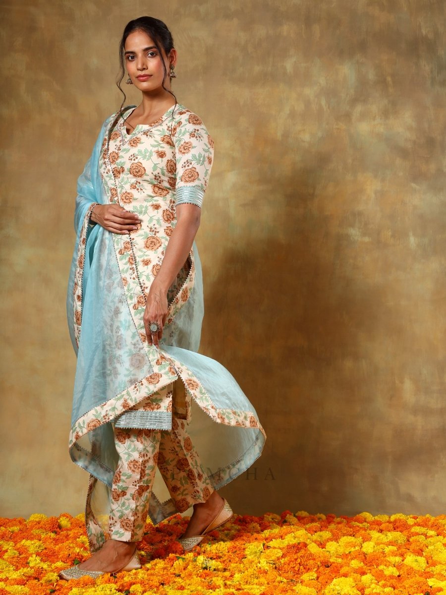 GUZARISH BEIGE COTTON STRAIGHT SUIT SET - Pomcha Jaipur