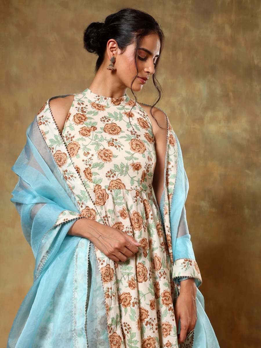GUZARISH BEIGE HALTER NECK COTTON ANARKALI SET - Pomcha Jaipur