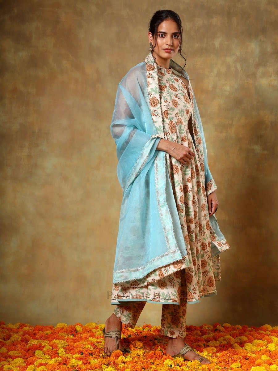 GUZARISH BEIGE HALTER NECK COTTON ANARKALI SET - Pomcha Jaipur