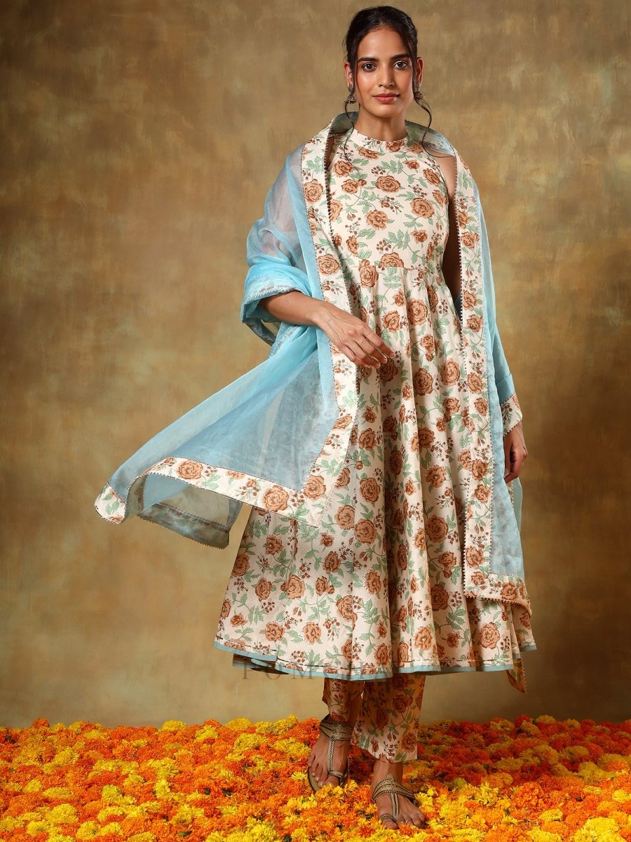 GUZARISH BEIGE HALTER NECK COTTON ANARKALI SET - Pomcha Jaipur