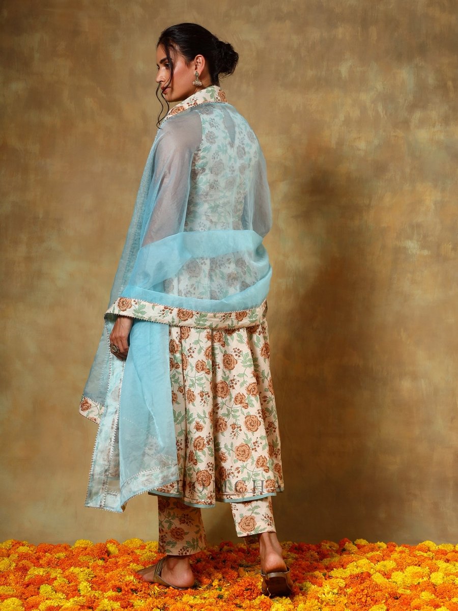 GUZARISH BEIGE HALTER NECK COTTON ANARKALI SET - Pomcha Jaipur