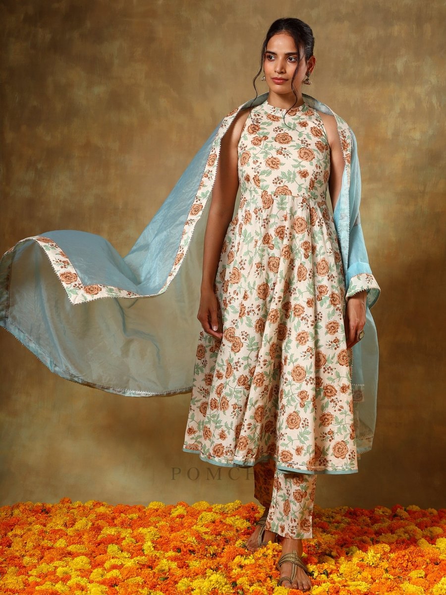 GUZARISH BEIGE HALTER NECK COTTON ANARKALI SET - Pomcha Jaipur