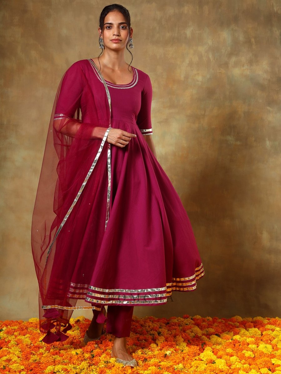 GUZARISH BURGANDY COTTON ANARKALI SET - Pomcha Jaipur
