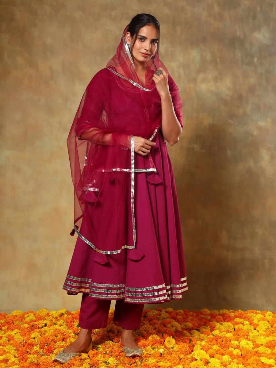 GUZARISH BURGANDY COTTON ANARKALI SET - Pomcha Jaipur