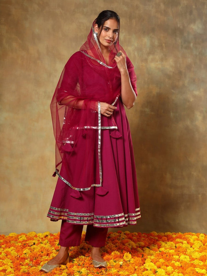 GUZARISH BURGANDY COTTON ANARKALI SET - Pomcha Jaipur