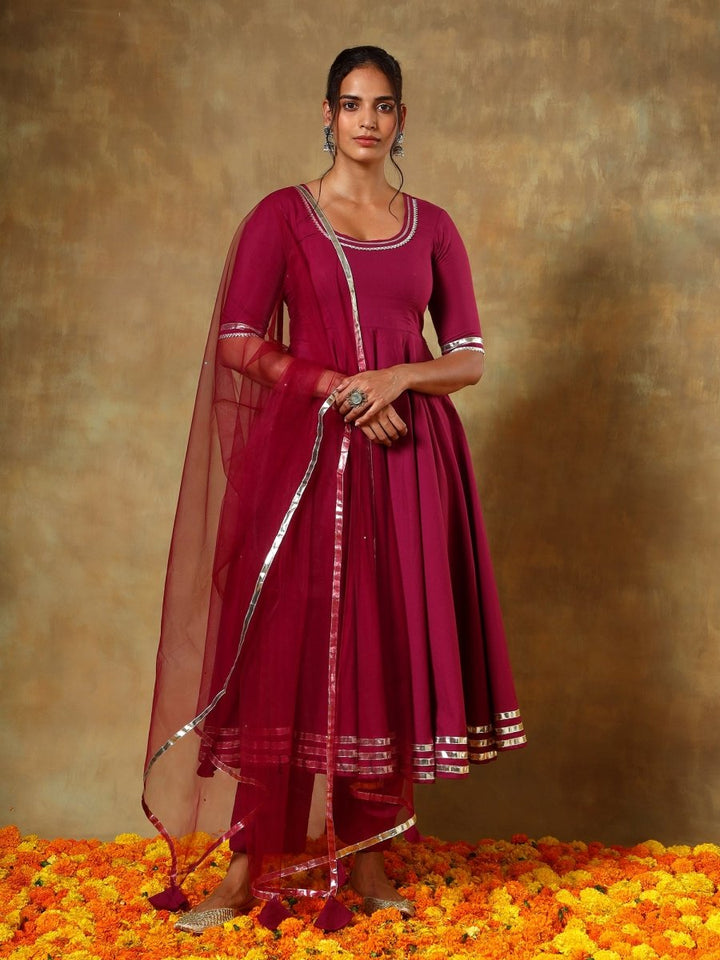GUZARISH BURGANDY COTTON ANARKALI SET - Pomcha Jaipur