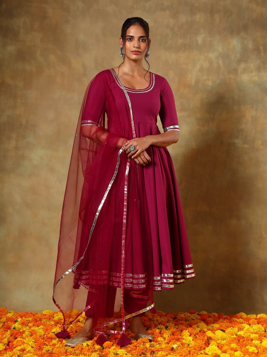 GUZARISH BURGANDY COTTON ANARKALI SET - Pomcha Jaipur