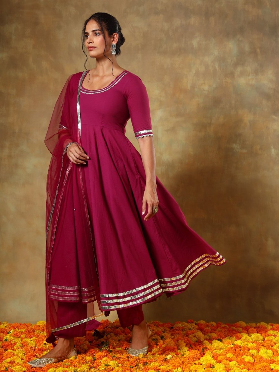 GUZARISH BURGANDY COTTON ANARKALI SET - Pomcha Jaipur