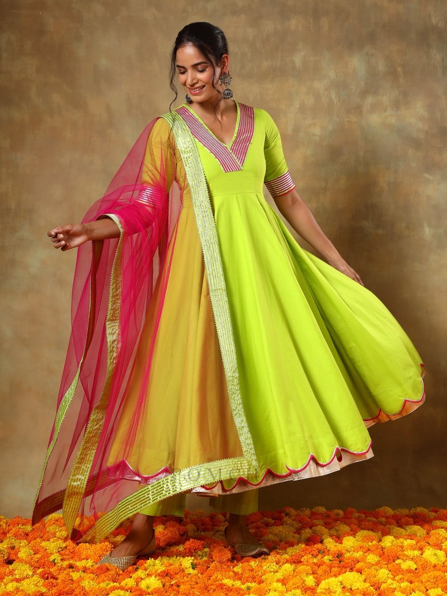 GUZARISH GULAAL GREEN COTTON ANARKALI SET - Pomcha Jaipur