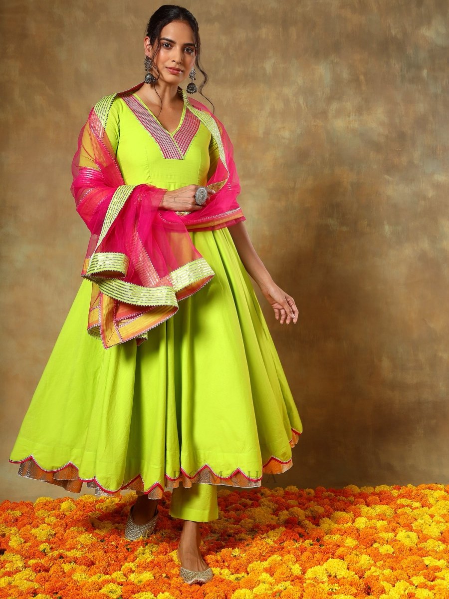 GUZARISH GULAAL GREEN COTTON ANARKALI SET - Pomcha Jaipur