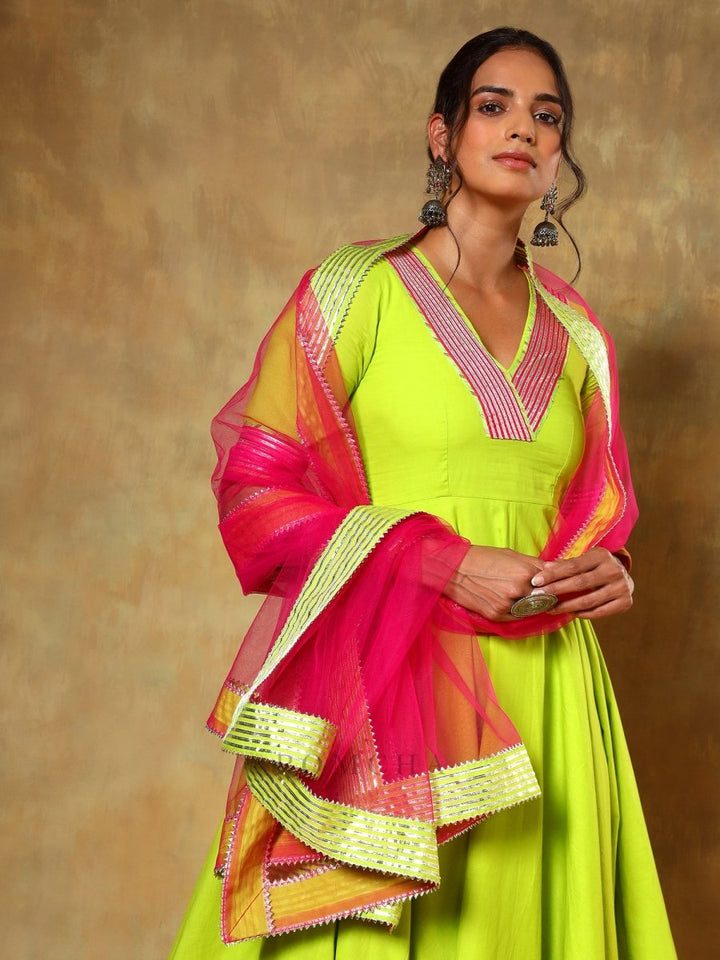 GUZARISH GULAAL GREEN COTTON ANARKALI SET - Pomcha Jaipur