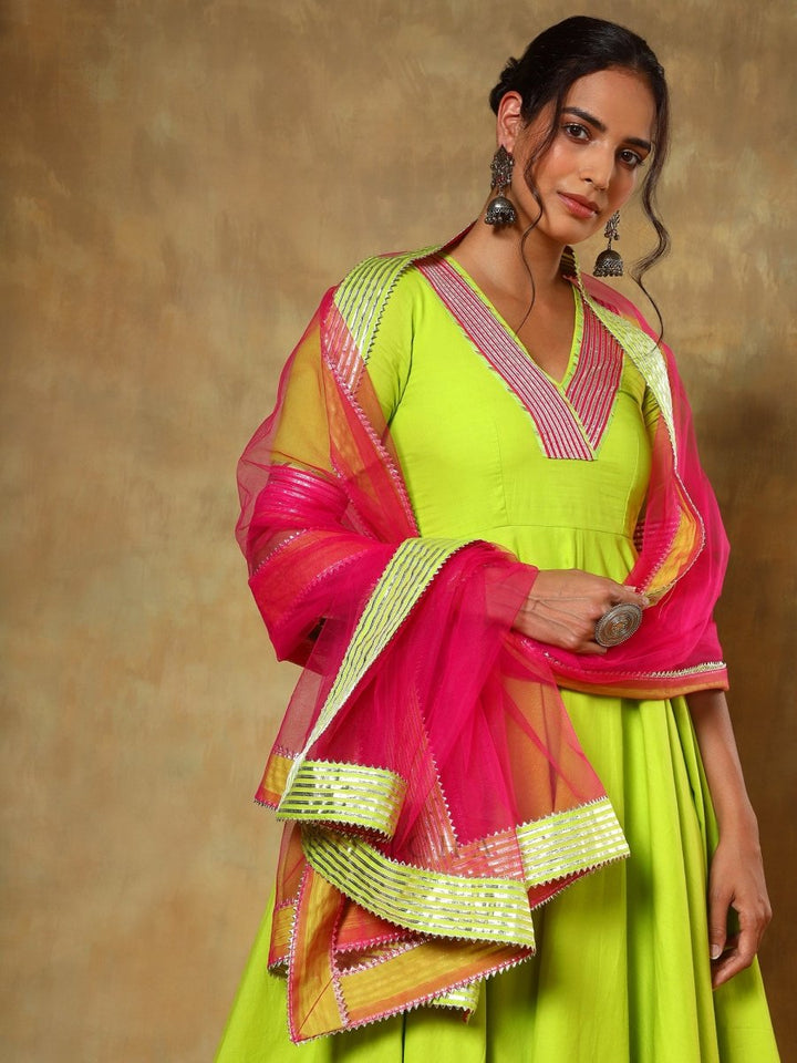 GUZARISH GULAAL GREEN COTTON ANARKALI SET - Pomcha Jaipur