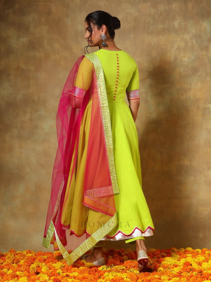 GUZARISH GULAAL GREEN COTTON ANARKALI SET - Pomcha Jaipur