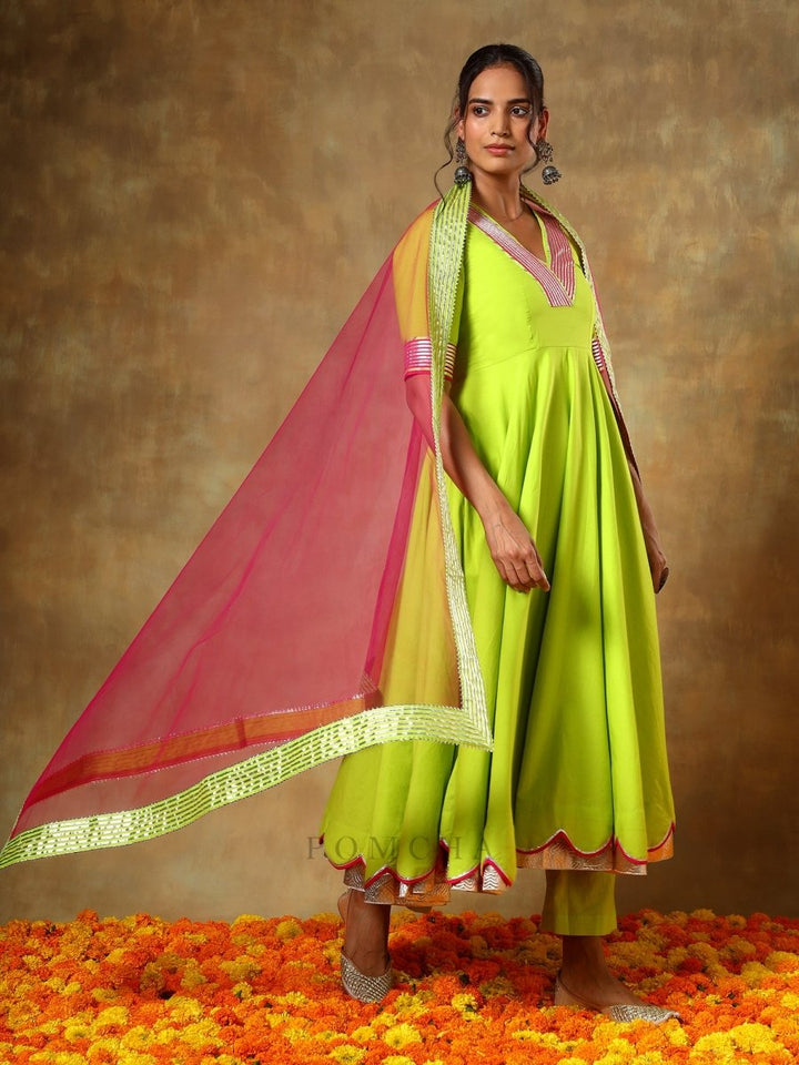 GUZARISH GULAAL GREEN COTTON ANARKALI SET - Pomcha Jaipur