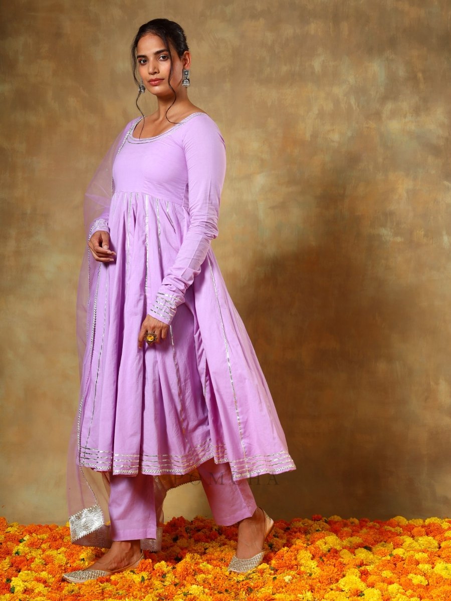 GUZARISH LAVENDER COTTON ANARKALI SET - Pomcha Jaipur