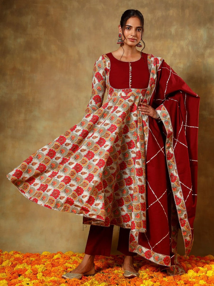 GUZARISH MAROON COTTON ANARKALI SET - Pomcha Jaipur