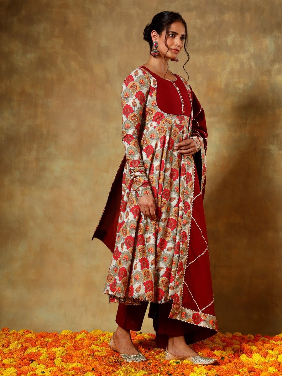 GUZARISH MAROON COTTON ANARKALI SET - Pomcha Jaipur