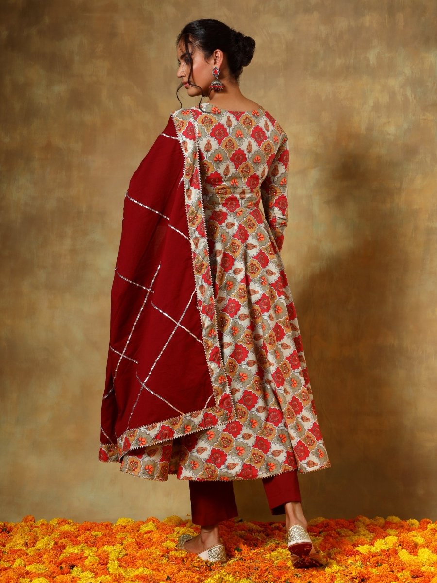 GUZARISH MAROON COTTON ANARKALI SET - Pomcha Jaipur
