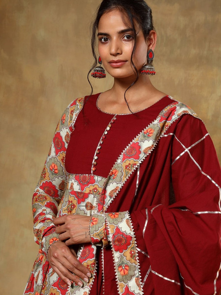 GUZARISH MAROON COTTON ANARKALI SET - Pomcha Jaipur