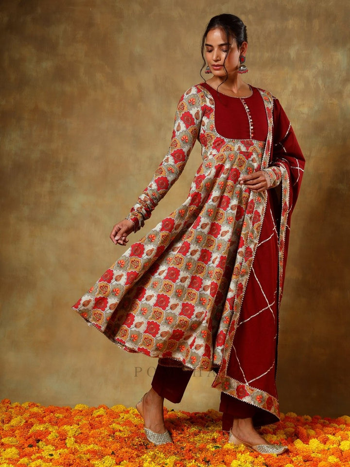 GUZARISH MAROON COTTON ANARKALI SET - Pomcha Jaipur