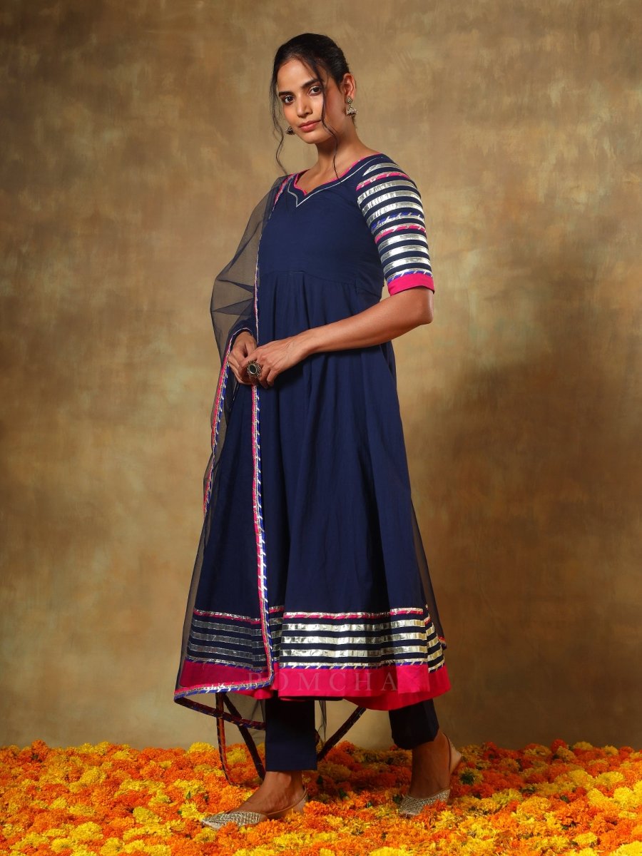 GUZARISH NAVY BLUE COTTON ANARKALI SET - Pomcha Jaipur