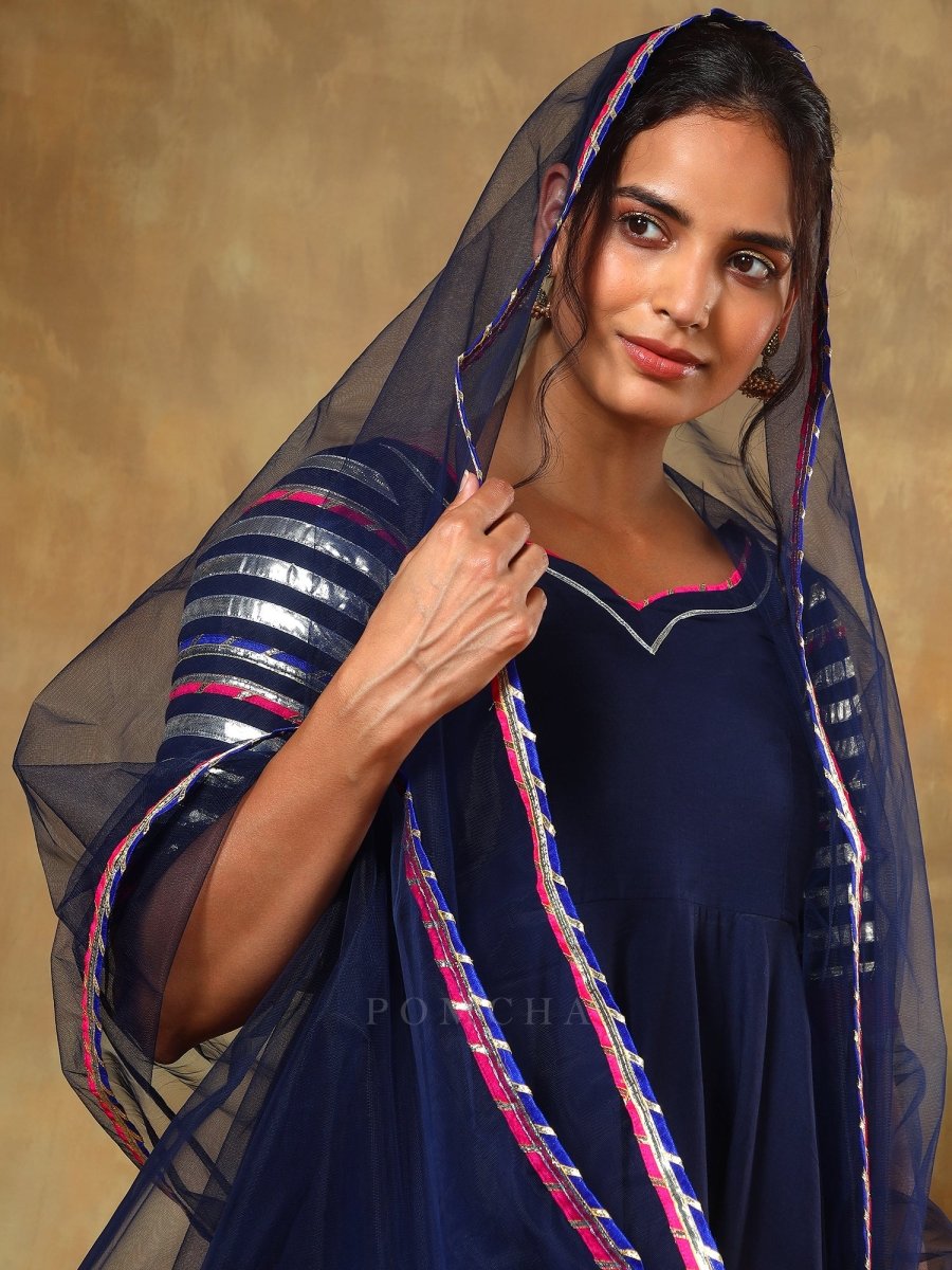 GUZARISH NAVY BLUE COTTON ANARKALI SET - Pomcha Jaipur