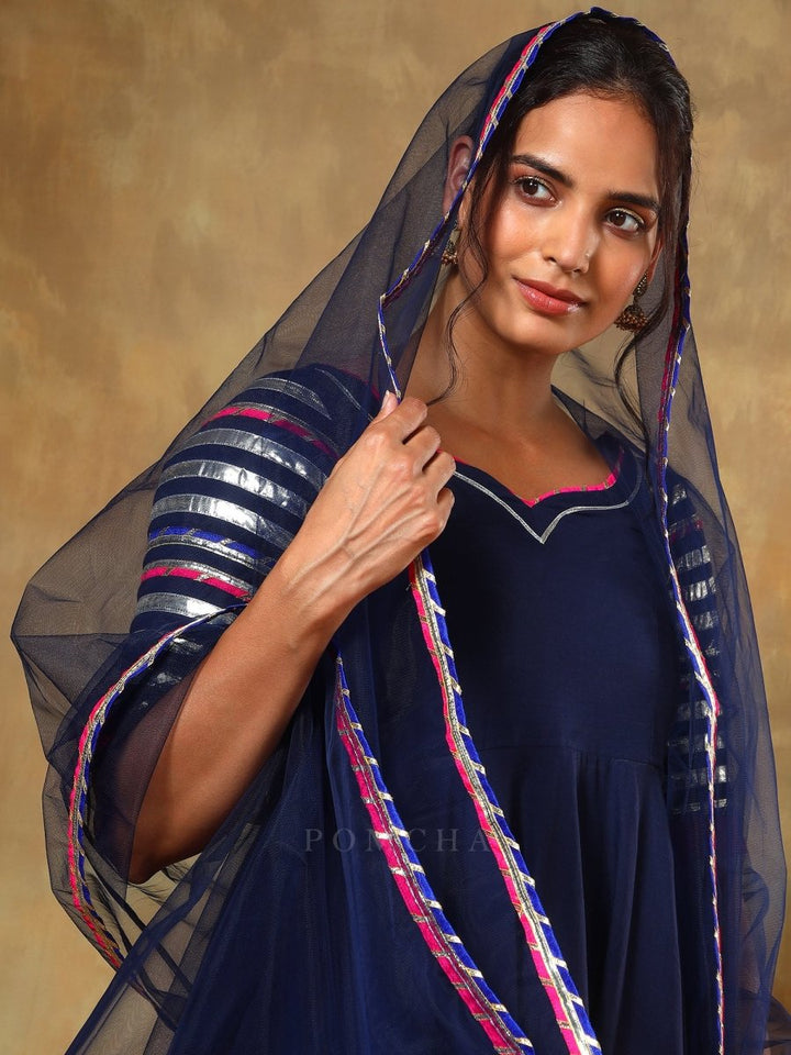 GUZARISH NAVY BLUE COTTON ANARKALI SET - Pomcha Jaipur