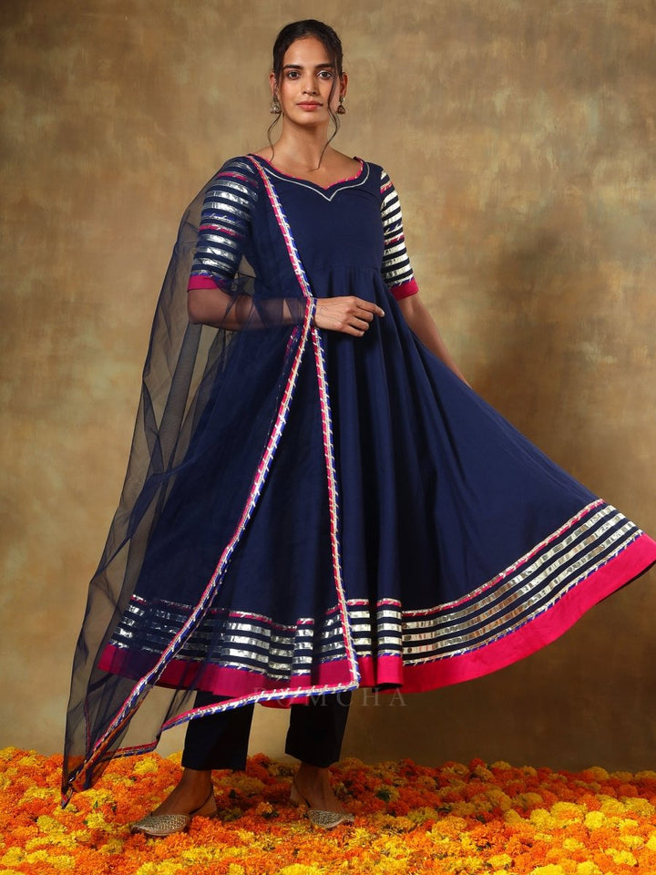 GUZARISH NAVY BLUE COTTON ANARKALI SET - Pomcha Jaipur