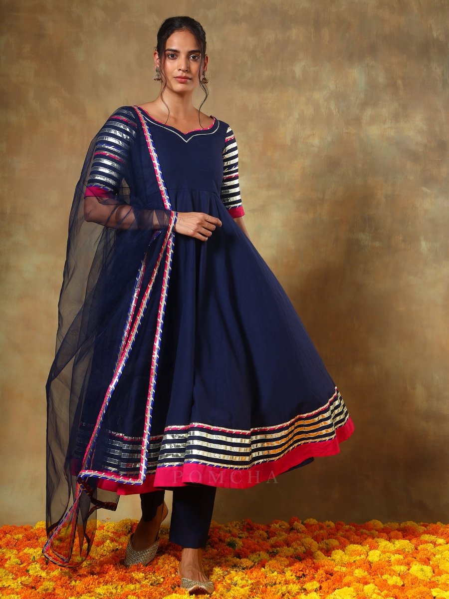 GUZARISH NAVY BLUE COTTON ANARKALI SET - Pomcha Jaipur