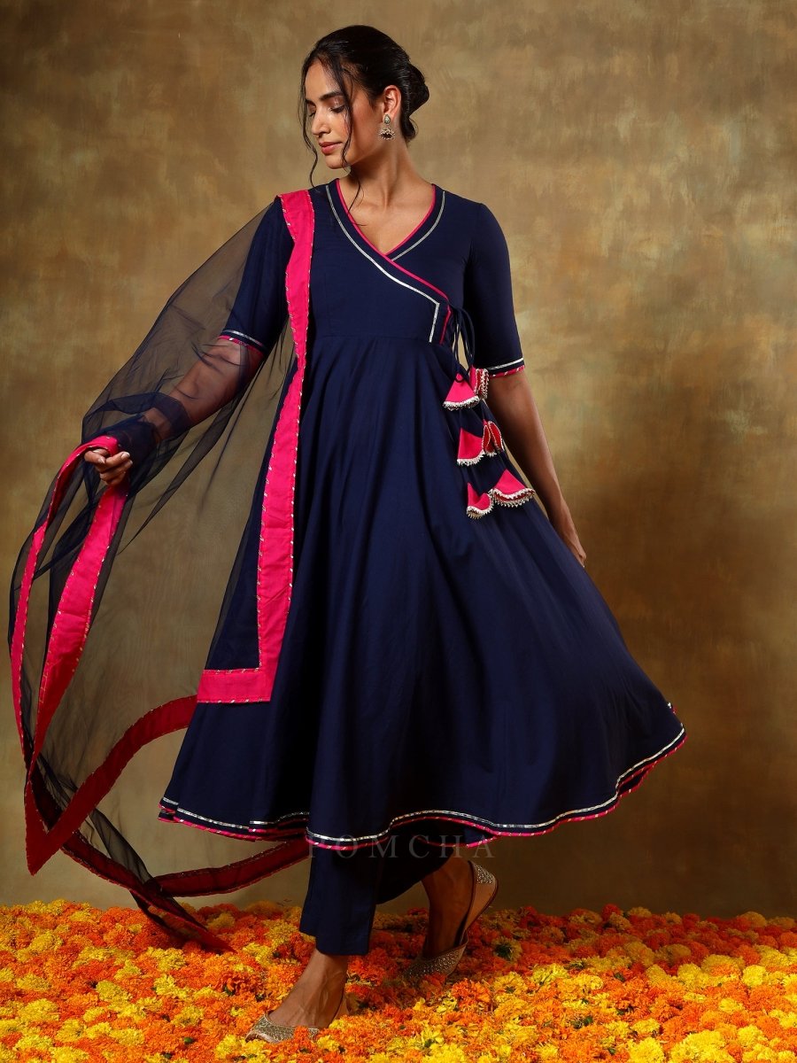 GUZARISH NAVY BLUE COTTON ANGRAKHA SET - Pomcha Jaipur