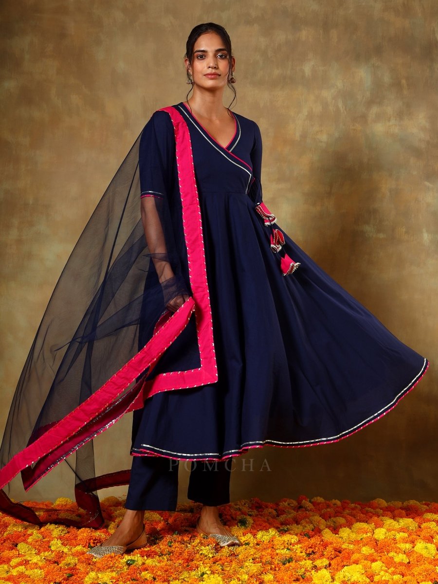GUZARISH NAVY BLUE COTTON ANGRAKHA SET - Pomcha Jaipur