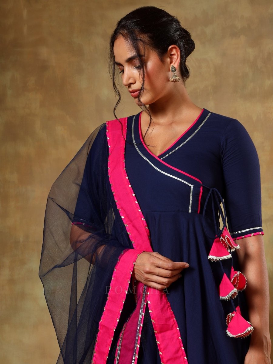 GUZARISH NAVY BLUE COTTON ANGRAKHA SET - Pomcha Jaipur