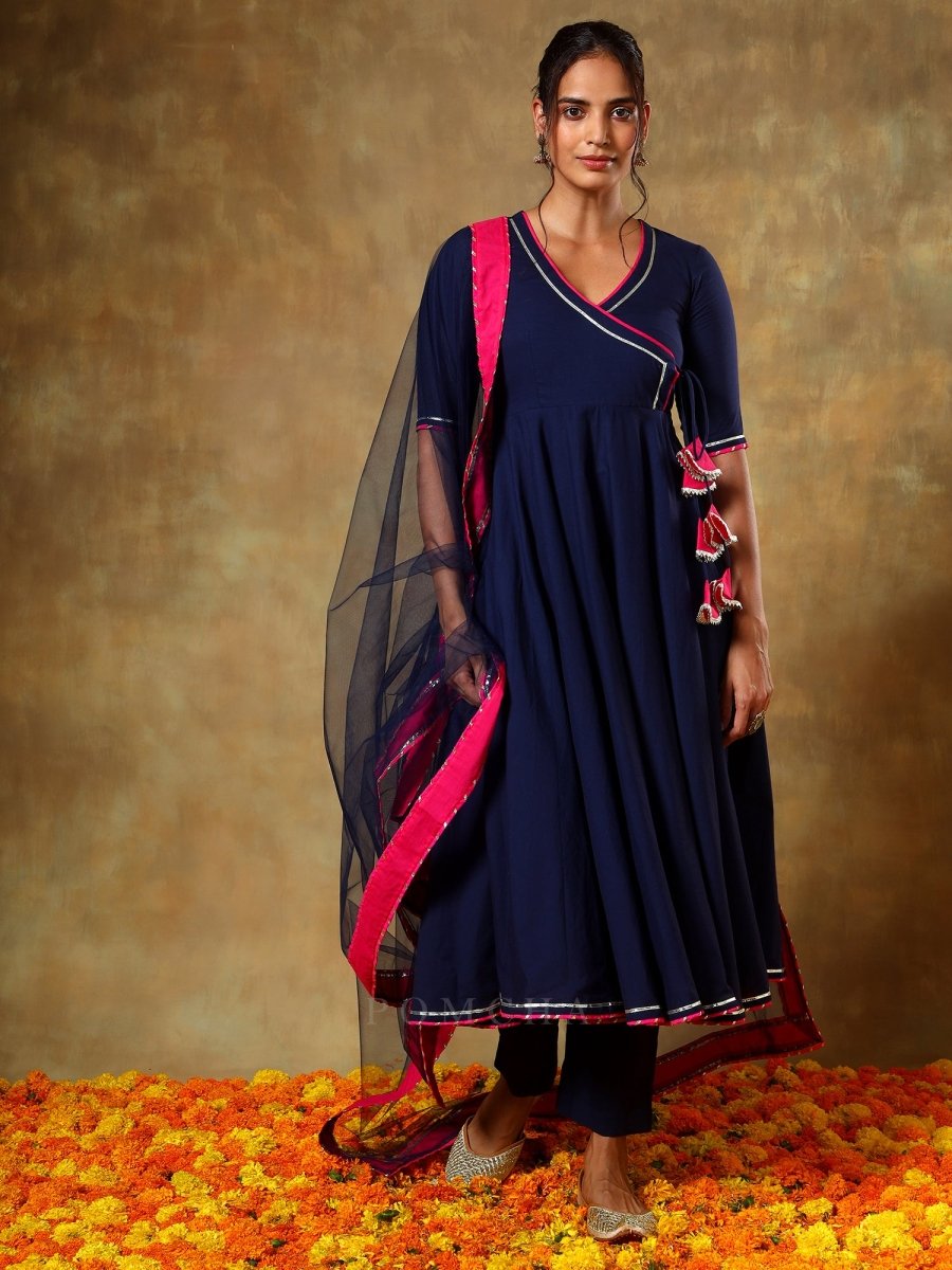 GUZARISH NAVY BLUE COTTON ANGRAKHA SET - Pomcha Jaipur