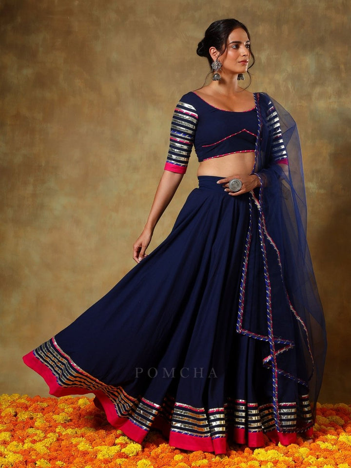 GUZARISH NAVY BLUE COTTON LEHENGA WITH LACE WORK AND SOFT NET DUPATTA SET - Pomcha Jaipur
