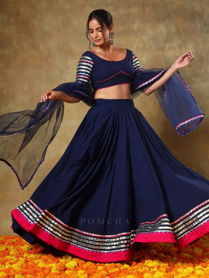 GUZARISH NAVY BLUE COTTON LEHENGA WITH LACE WORK AND SOFT NET DUPATTA SET - Pomcha Jaipur