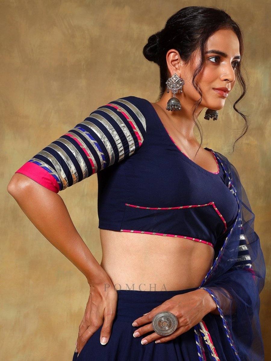 GUZARISH NAVY BLUE COTTON LEHENGA WITH LACE WORK AND SOFT NET DUPATTA SET - Pomcha Jaipur