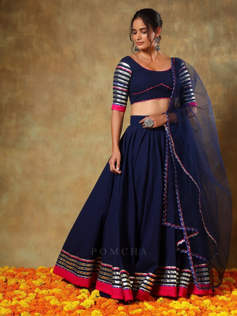 GUZARISH NAVY BLUE COTTON LEHENGA WITH LACE WORK AND SOFT NET DUPATTA SET - Pomcha Jaipur