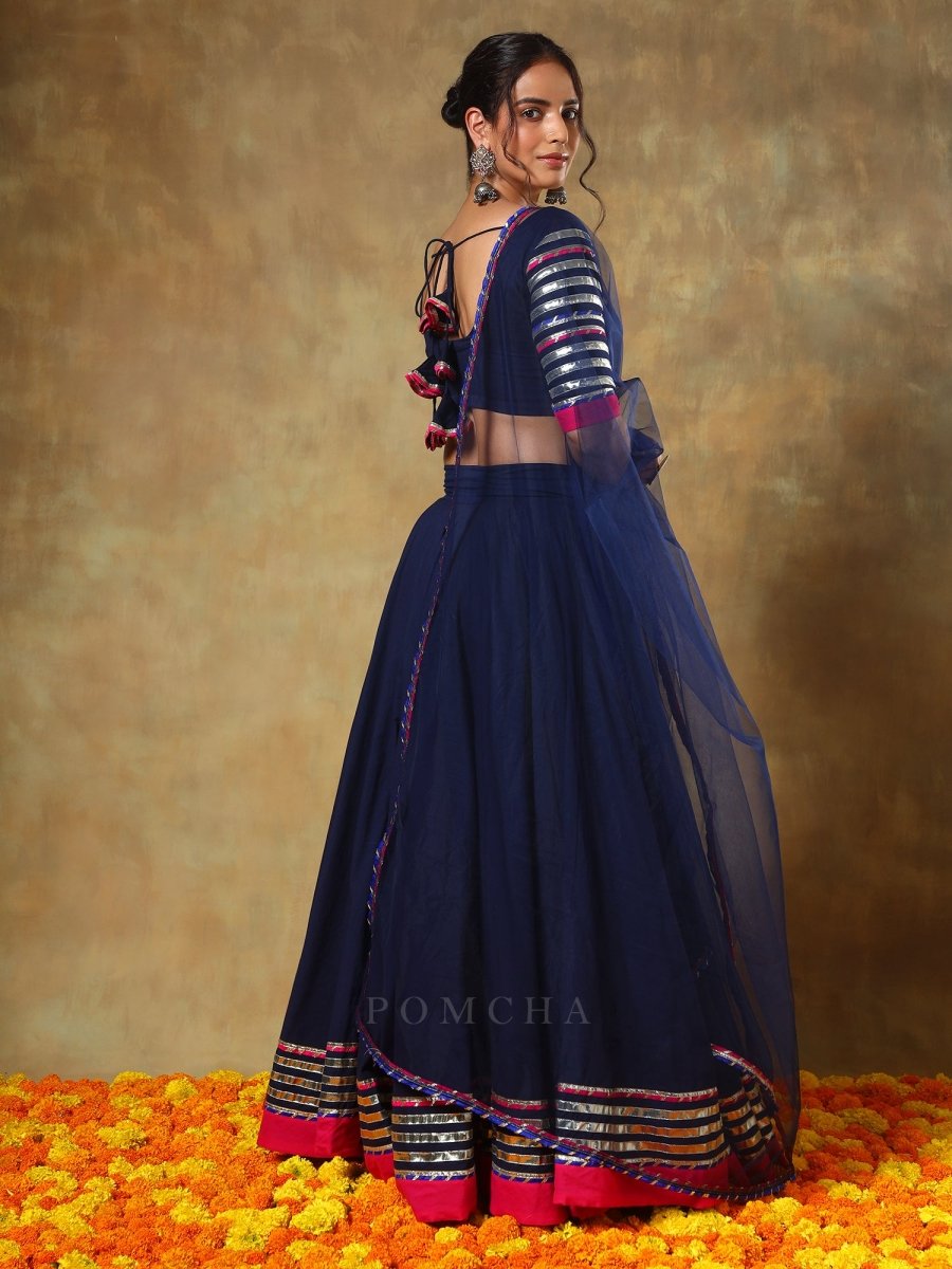 GUZARISH NAVY BLUE COTTON LEHENGA WITH LACE WORK AND SOFT NET DUPATTA SET - Pomcha Jaipur