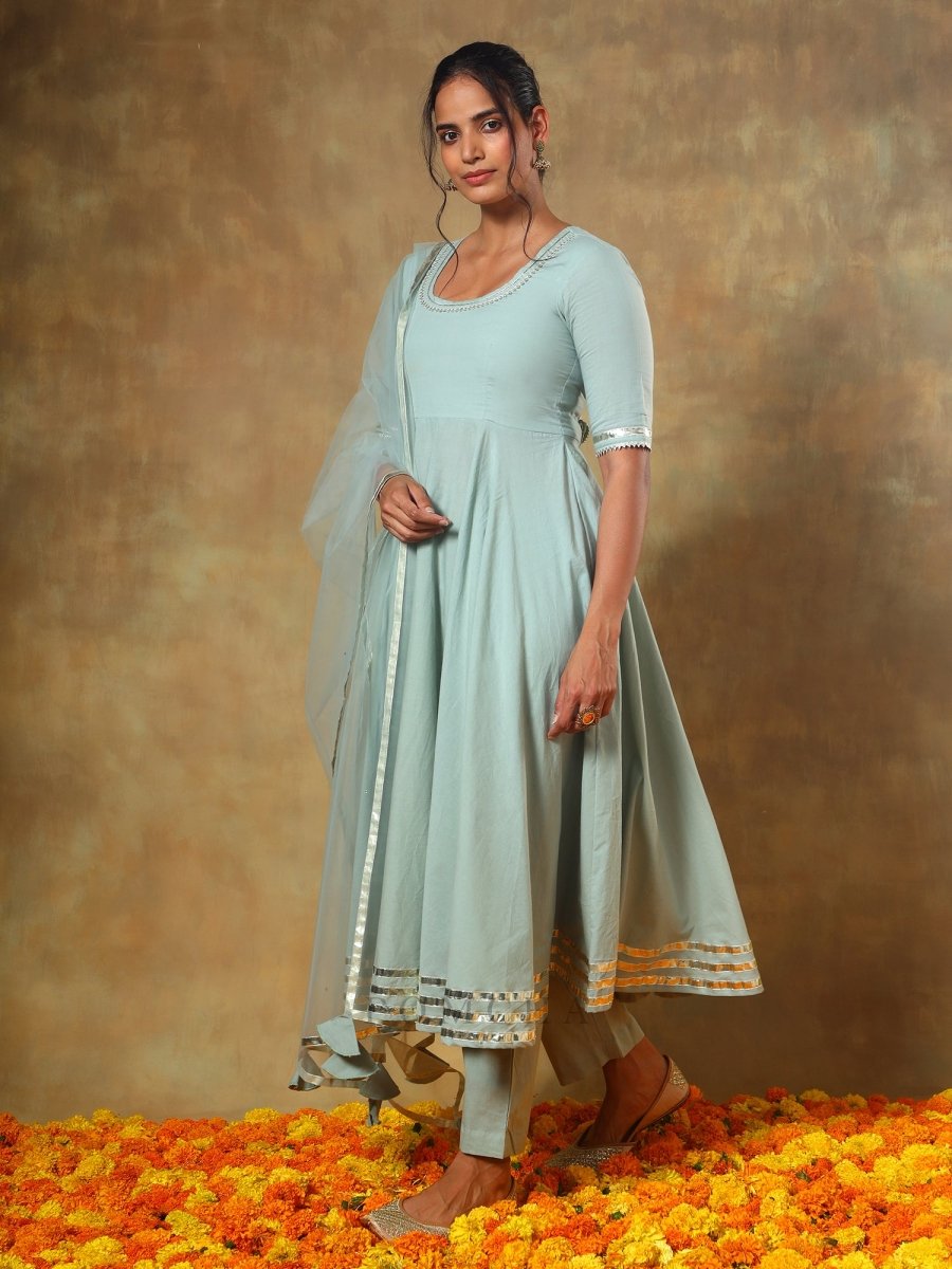 GUZARISH PASTEL COTTON ANARKALI SET WITH SOFT NET DUPATTA - Pomcha Jaipur