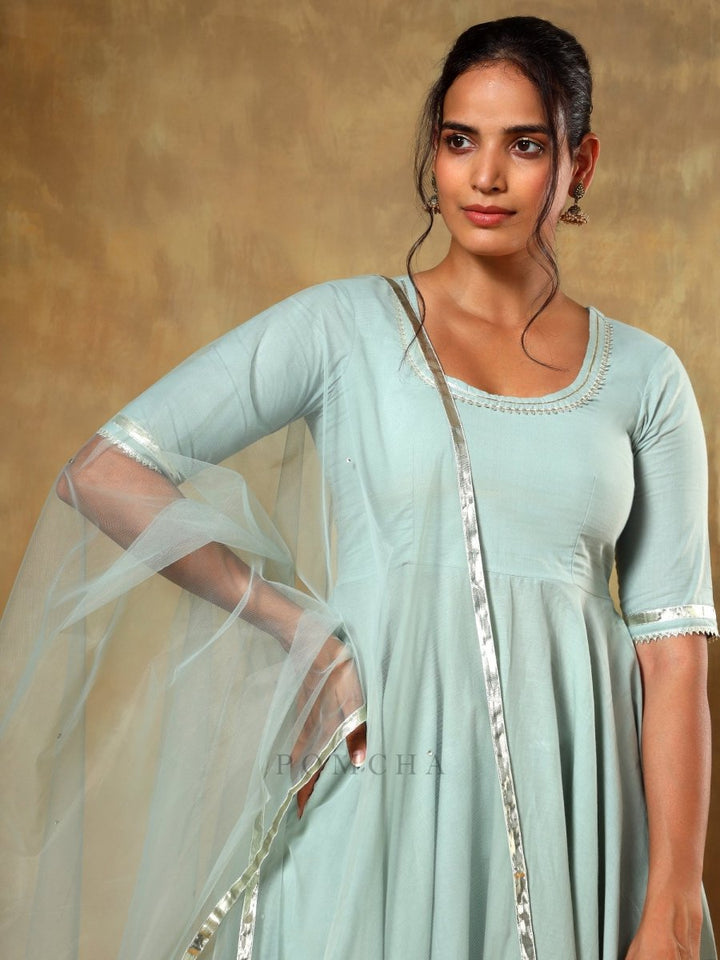 GUZARISH PASTEL COTTON ANARKALI SET WITH SOFT NET DUPATTA - Pomcha Jaipur