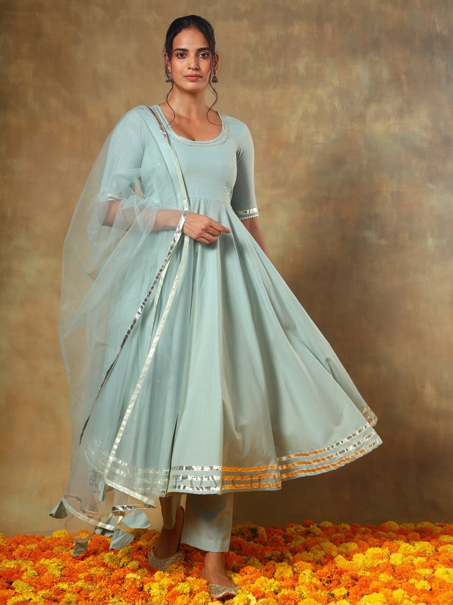 GUZARISH PASTEL COTTON ANARKALI SET WITH SOFT NET DUPATTA - Pomcha Jaipur