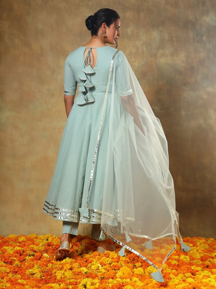 GUZARISH PASTEL COTTON ANARKALI SET WITH SOFT NET DUPATTA - Pomcha Jaipur