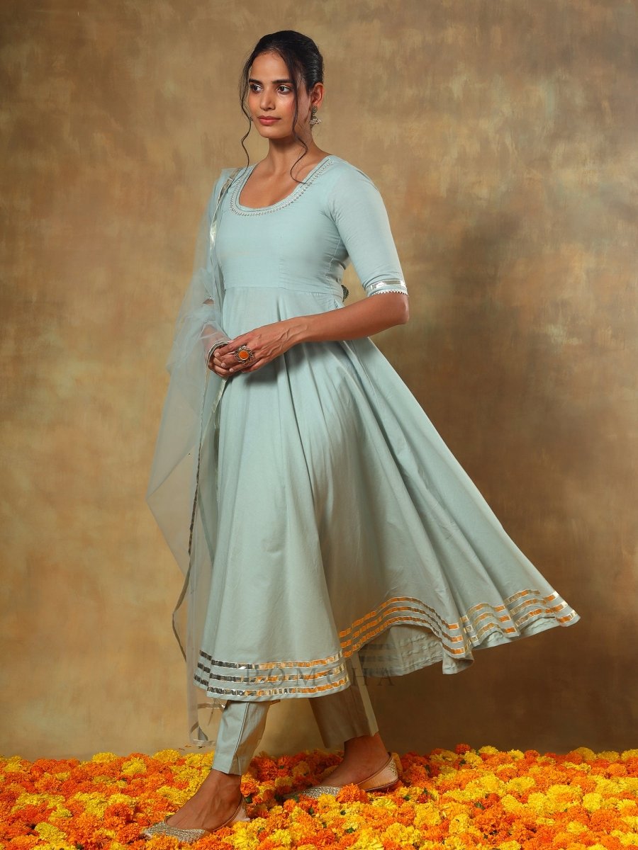 GUZARISH PASTEL COTTON ANARKALI SET WITH SOFT NET DUPATTA - Pomcha Jaipur