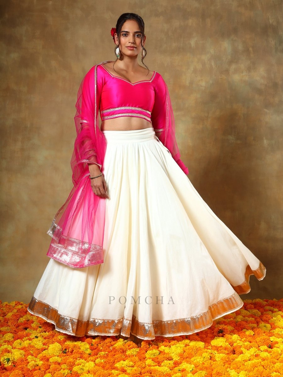 GUZARISH RANI OFF WHITE COTTON SILK LEHENGA SET - Pomcha Jaipur